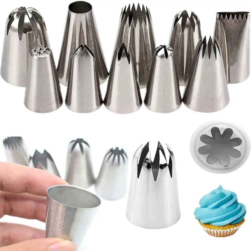 10 Pcs Extra Large Piping Tip Set,Stainless Steel Frosting Piping Kit,Pastry Cake Decorating Tips Baking Tools For Cookies Cupcake Decorating Kit,Halloween Christmas Party Gifts,DIY Hand Tools Kits
