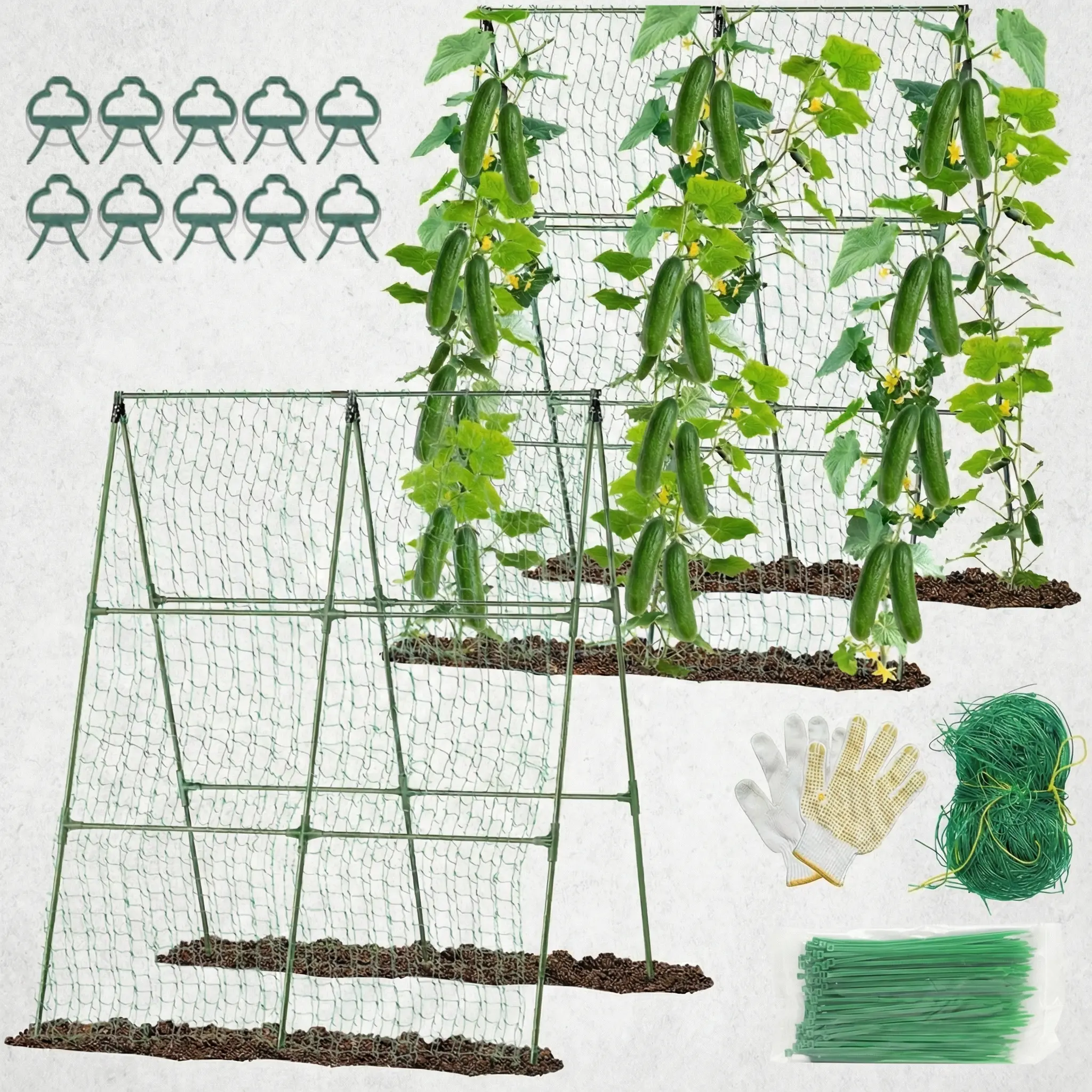MQHUAYU 2PCS Durable Metal-PE Garden Trellis with Climbing Net, Adjustable Raised Bed Support, Anti-Slip Base, Clips, Zip Ties, Humanized Design for Flowers, Courtyards, Climbing Plants (Enhances Plant Stability, Outdoor Garden Accessory)