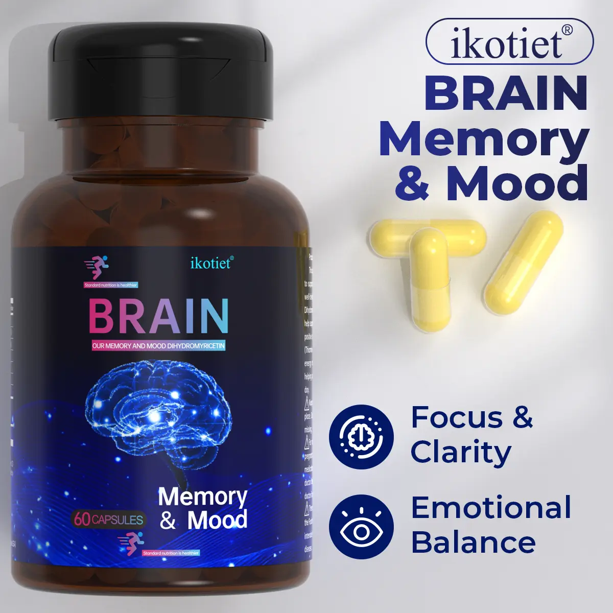 ikotiet Brain Memory & Mood Support Nootropic Capsules, Brain Supplement with DHMP Blend, Vitamin B1 & B6, Natural Plant Extracts, Vegan Non-GMO Gluten Free, 60 Capsules for Mental Focus, Clarity & Emotional Balance