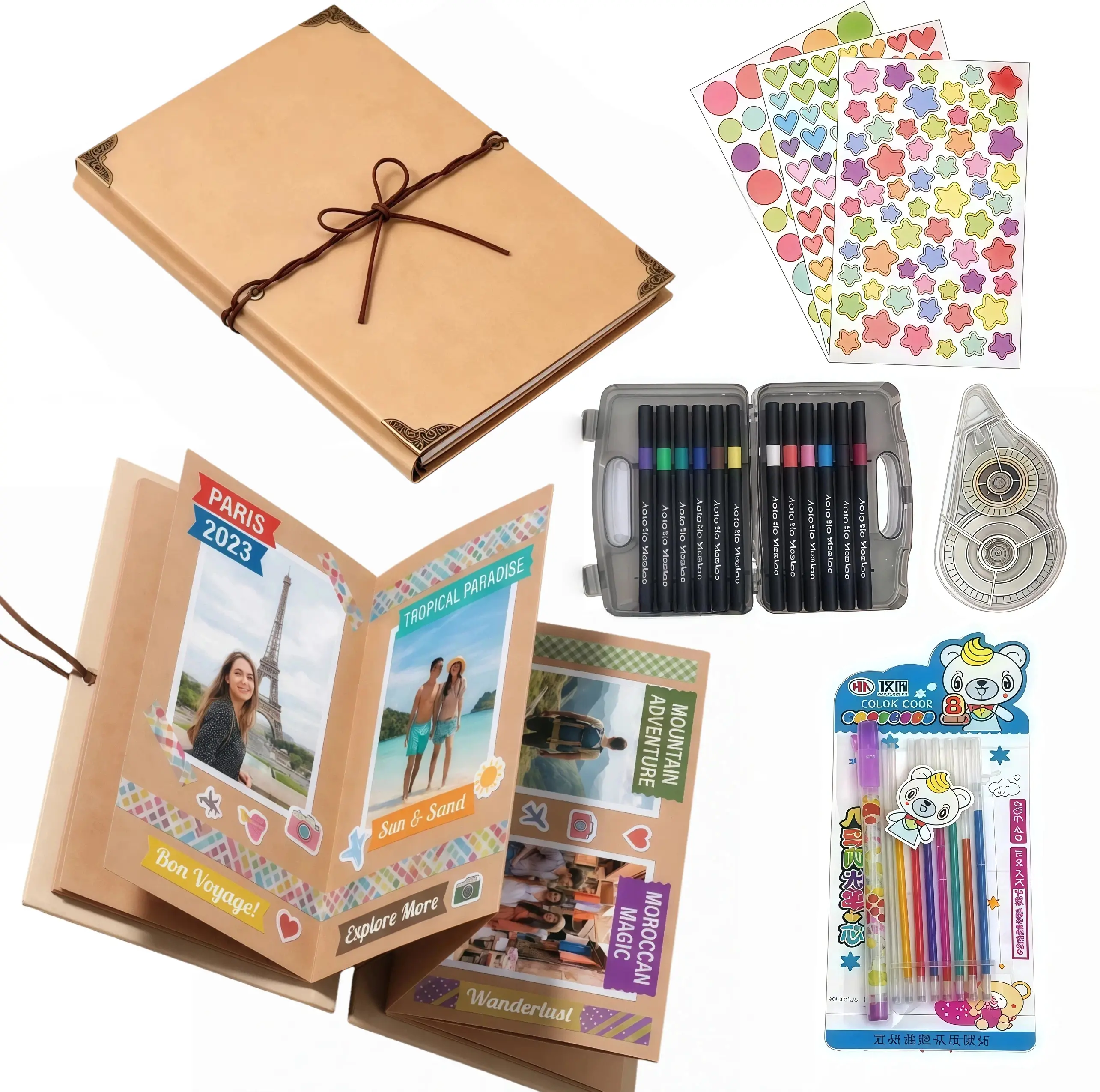 Kraft Paper Romantic Accordion Foldable Scrapbook Album (99+ Pages) - DIY Craft Kit with Markers, Stickers, Dot Glue & Gift Bag, for Weddings & Family Memory Preservation