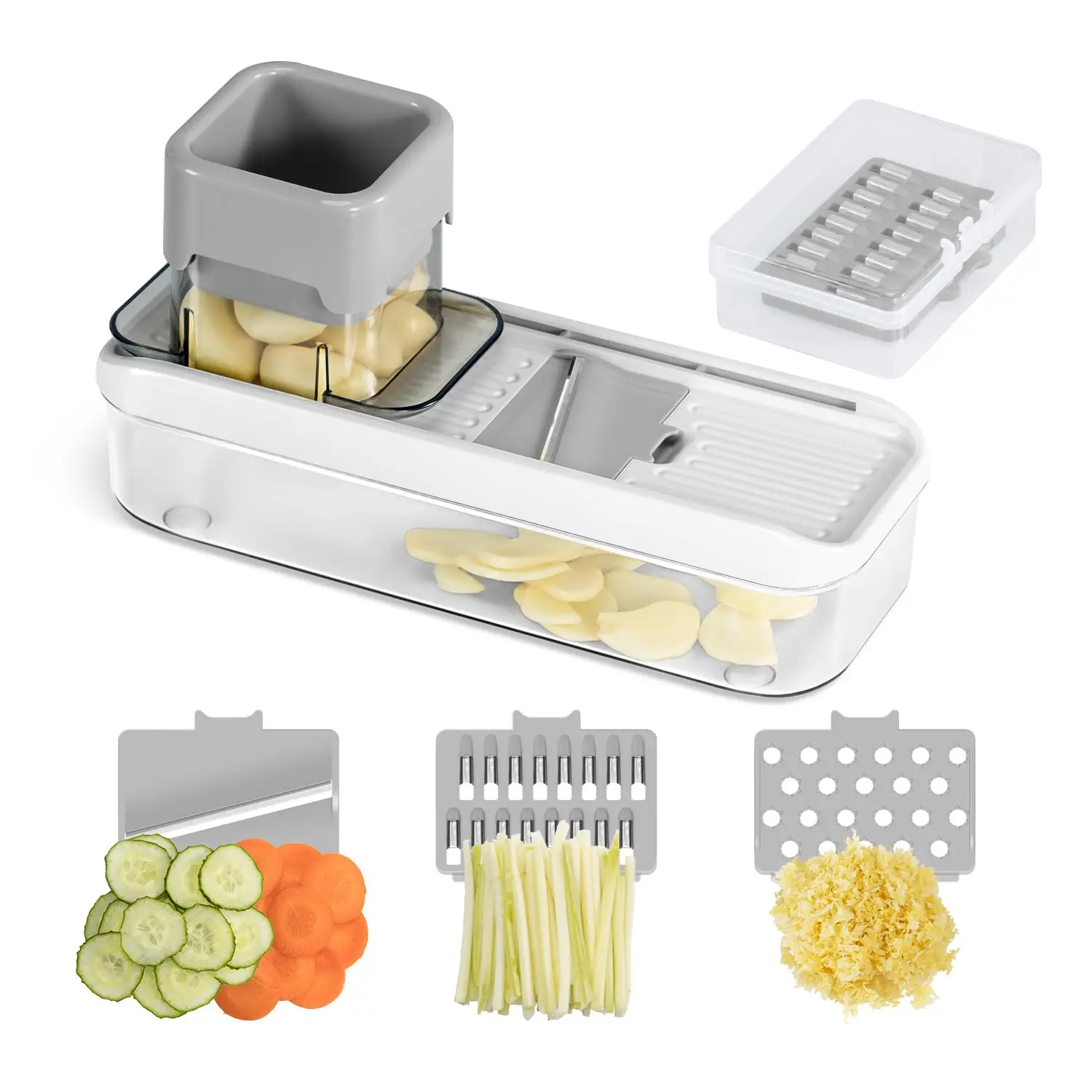 Mini Garlic Slicer Multi-Functional Mandoline Slicer with Container, Vegetable Cutter, Veggie Shredder, Garlic Ginger Grinder, Stainless Steel Blades for Garlic, Ginger, Cucumber, Carrot & Lemon Kitchen Transparent Utensils Food Prep Plastic