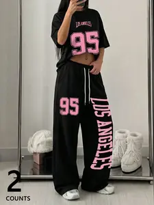 Women's Letter Number Print T-Shirt and Simple Long Pants Set, Fashionable Women's Sportswear, Comfortable Two-Piece Set, Sweatsuit Set, Sweatsuit Outfits