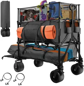 54" Double Decker Folding Wagon with Retractable Height, 550L Large Capacity Collapsible Cart, Extra Long Heavy Duty Wagons with 550LBS Load for Beach Camping