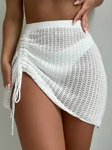 Summer Beach Fashion Elegant Short Skirt, Hollow Out Drawstring Bikini Cover Beach Swimsuit Cover Knit Women's Short Skirt, Stylish and Comfortable, Crochet Coverups