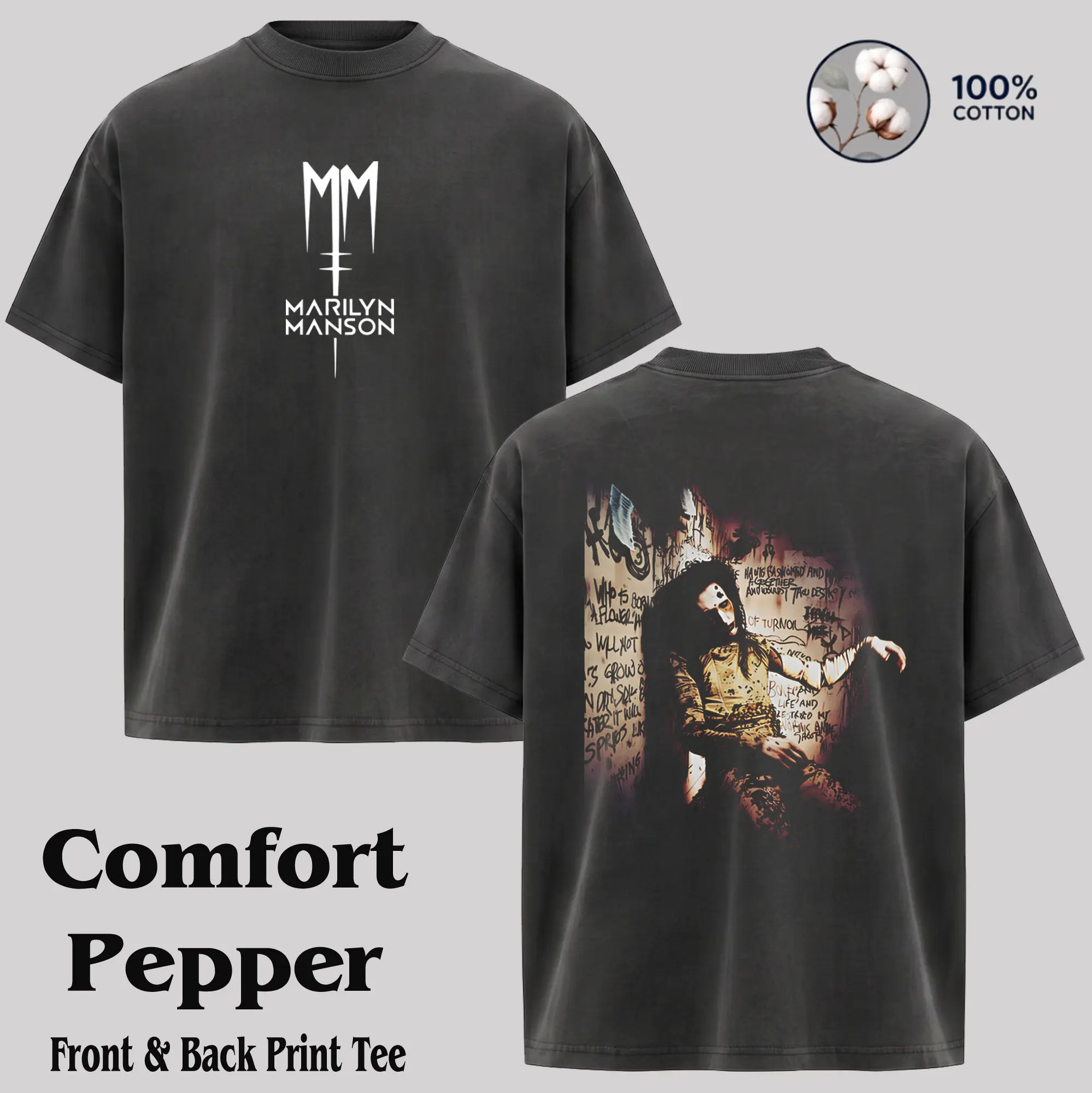 Men's Vintage Marilyn Manson Washed Short-Sleeve Round Neck T-Shirt - Pre-Shrunken Relaxed Fit Casual Streetwear Top, Metal Band Rock Tour Merch, 90s Grunge Aesthetic Alternative Menswear