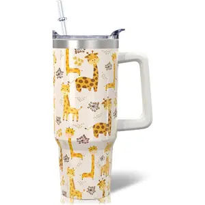 30oz Giraffe Tumbler with Handle, Lid, Straw - Stainless Steel Insulated Giraffe Travel Coffee Mug - Perfect Birthday