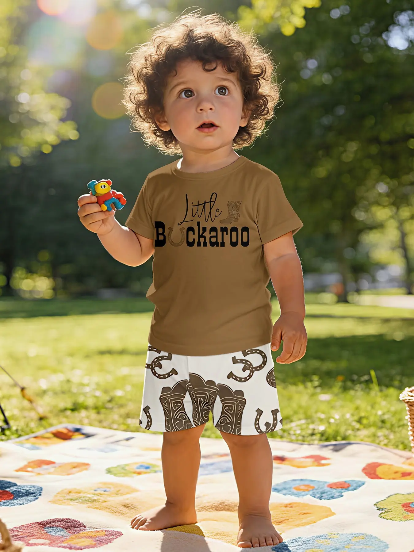 American retro style "Little Buckaroo" Western party graphic print infant short-sleeve set, Outfits set, summer clothing set, T-shirt for daily and outdoor sports, 100% polyester, a perfect gift for infants and young children!