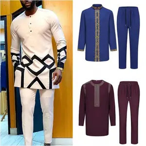 African Traditional Men Suit Printed Shirt Top Elastic Waist Pants White Wedding 2 Piece Set Outfits Ethnic Style Costumes Clothes Black