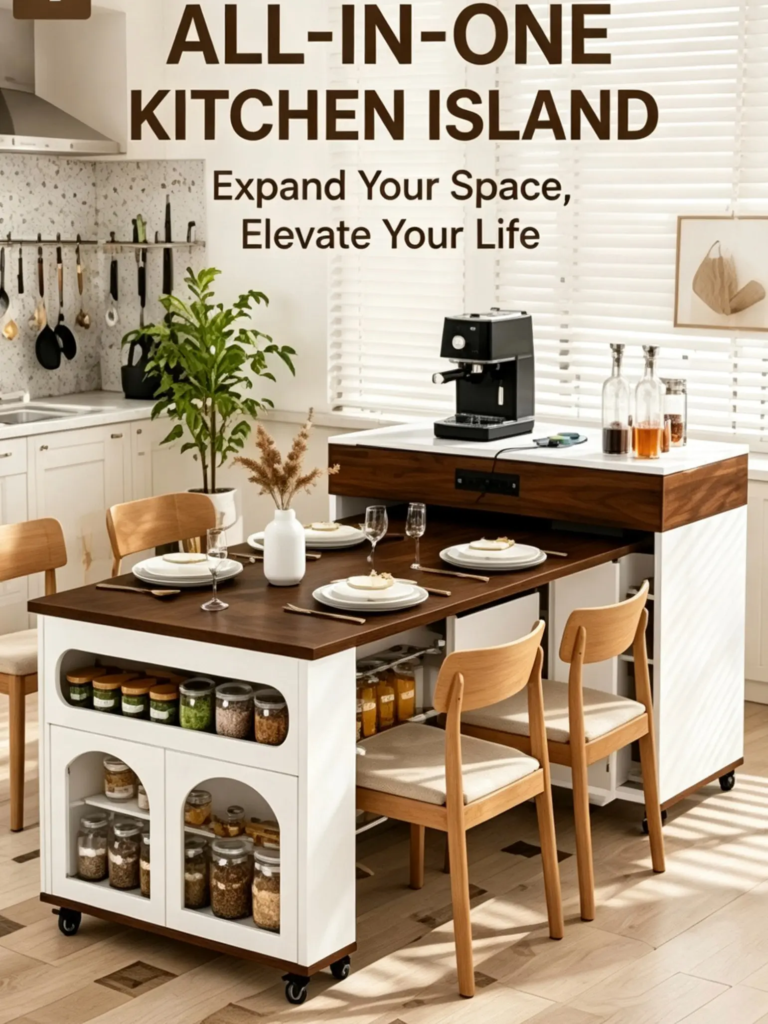 TREXM Extendable Dining Table with Extra-Long Folding Top Rolling Kitchen Island with Drawers Power Outlet Brake Lock Storage Cabinet for Kitchen Dining Room Walnut Creamy White Combo Item, 4-In-1 Dining Tables, All-In-One Dining Tables
