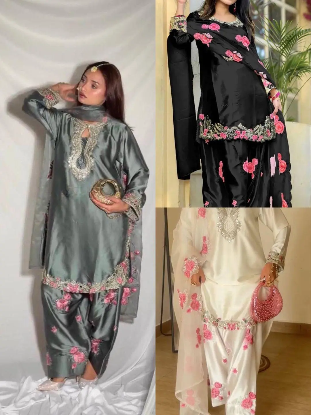 Luxury Grey Satin Embroidered Kurta 3PC Set with Floral Farshi Salwar & Dupatta
