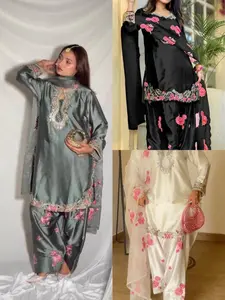 Luxury Grey Satin Embroidered Kurta 3PC Set with Floral Farshi Salwar & Dupatta
