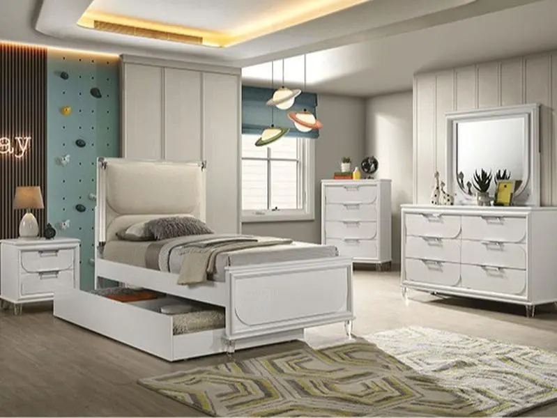 Furniture of America Lareina Pearl White Wooden Twin Bed with LED Lights, 80.5" L x 58" W x 52" H, Indoor Use, Assembly Required, Easy Setup and Coordination, FM72081WH-T-4PC