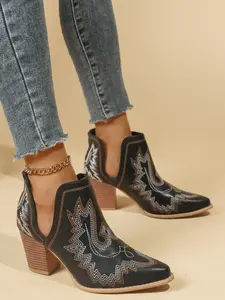 Women's Fashion Punk Embroidered Short Western Boots, Thick Heeled Boots, Unique Design Casual Shoes, Modern Style Trendy Footwear