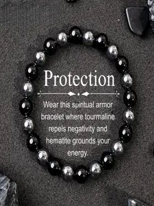 Protection & Memory Healing Bracelet, Tourmaline & Hematite 8mm Gemstone Beads, Unisex Crystal Jewelry, Daily Wear, Energy Shield, Halloween Gift, Beaded Gemstones