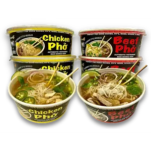 Pholicious Instant Pho Variety Pack, Vietnamese Rice Noodle Soup, 4 Count Combo Box, 2 Chicken & 2 Beef Single Serve 3.6 Ounce Bowls, Ramen Alternative & Fresh Ingredients