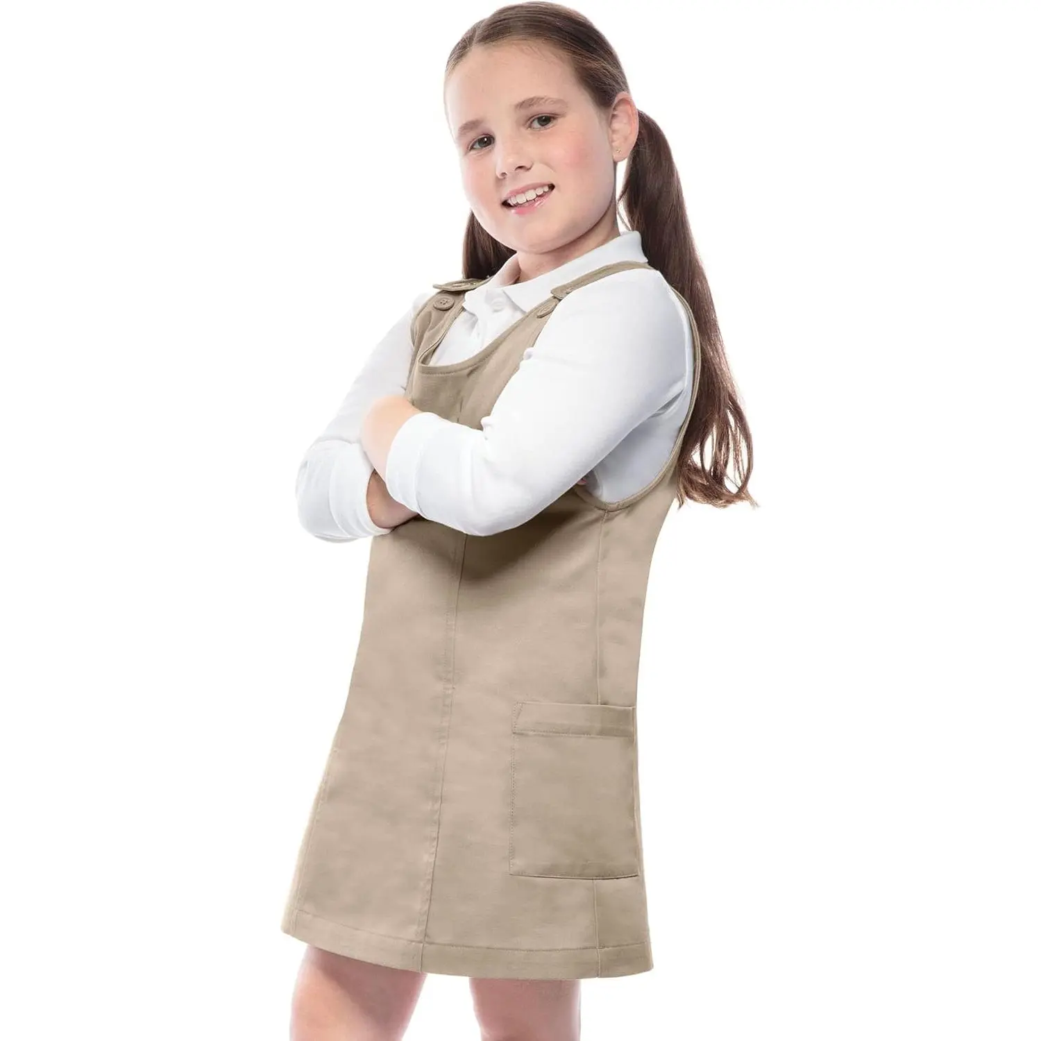 Girls Princess Seam Uniform Jumper School Uniform Dress with Adjustable Straps & Patch Pockets, One-Piece, Schoolwear