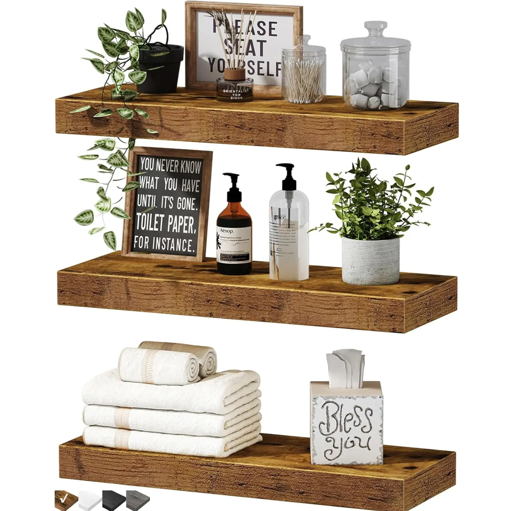 New Deal -  Floating Shelves for Wall Bathroom Shelf Bedroom Kitchen Farmhouse Small Book Shelf 16 inch Set of 3, Rustic Brown (015-BN3)