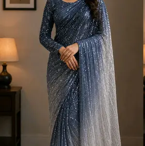 Women's Ombre Saree Set, Blue and White Color Option for Traditional Occasions (No Return/No Exchange Due to Hygiene & Customer Safety Requirements)