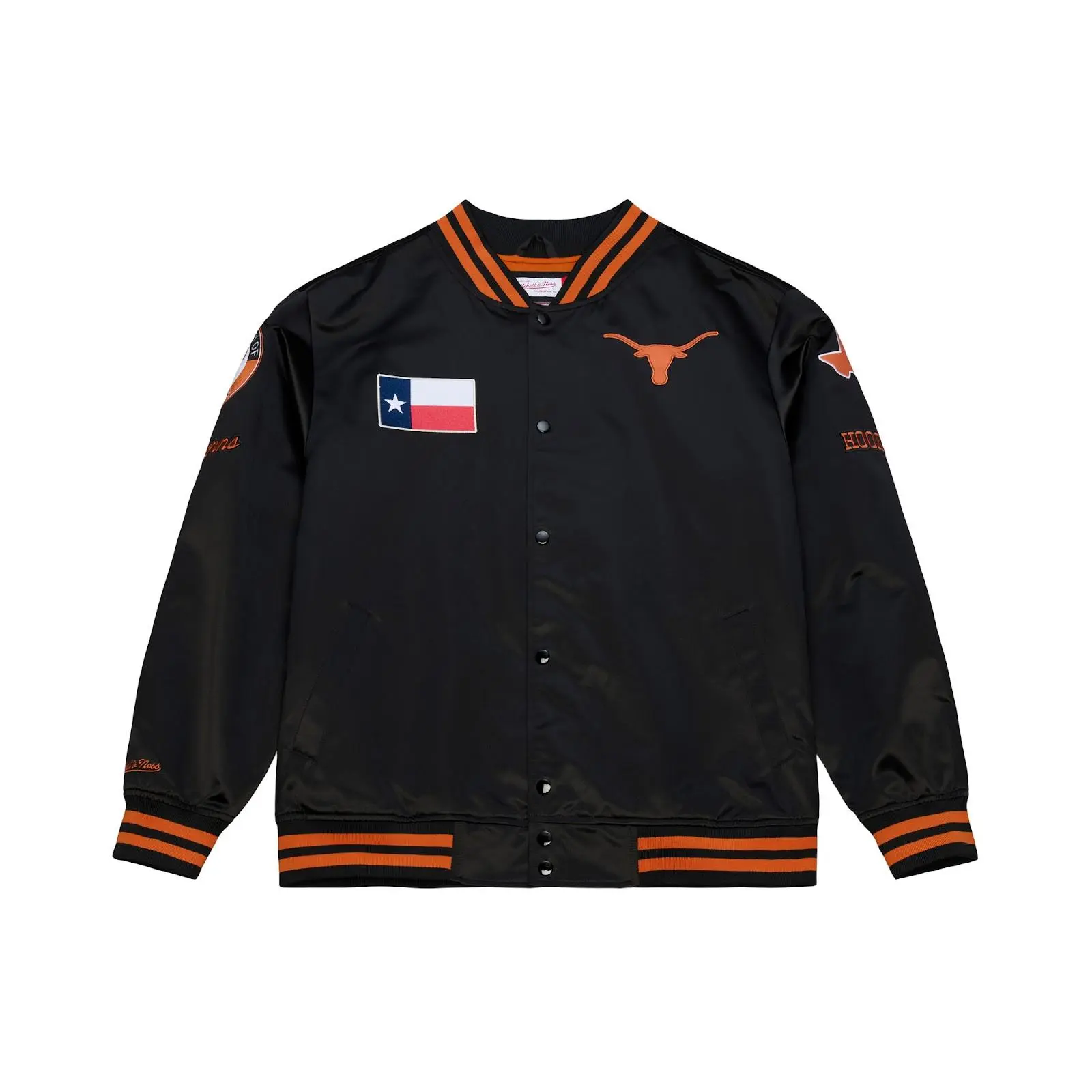 Texas Longhorns Black Double Clutch Lightweight Satin Full-Snap Jacket NCAA Throwback Outerwear Vintage Fan Gear Mitchell & Ness