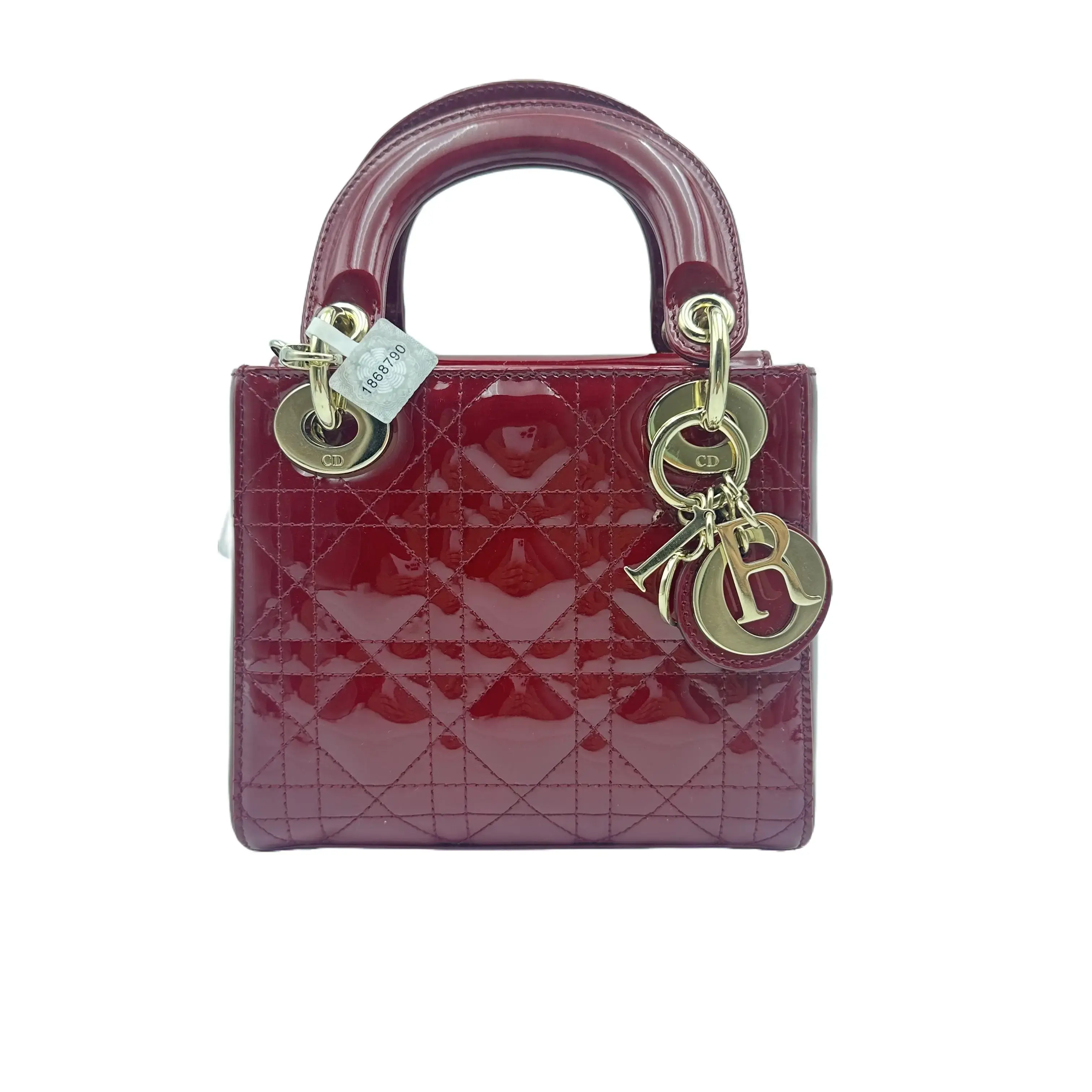 Pre-owned Dior Hz9 Lady Dior, red/gold hardware, mini size, three compartments, patent leather, handbag/crossbody bag. h02423