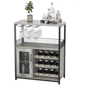 【Christmas Gift】Grey Wine Bar Cabinet - Large Capacity Liquor Cabinet with Storage, Adjustable Shelves for Glassware, Sturdy MDF Construction, Easy Assembly Wine Rack Ideal for Dining Room Bar & Kitchen