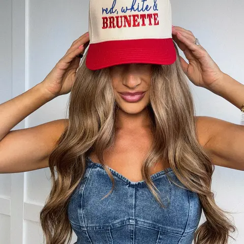 Red-White 2-Tone Trucker Hat for Brunettes - Casual Trendy Fashion Hat, Brimmed Cap, 5-Panel Design, Mesh Back, Breathable, Curved Brim, Adjustable Snap, Clothes Accessory, Campfire/Concerts Accessory