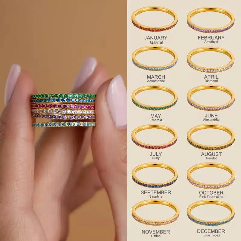 Customized Birthstone Ring for Women, Vintage Gold-Tone Copper Stacking Band, Adjustable Statement Jewelry for Casual Birthday Gifts