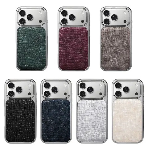 Summerwins Nordic Patterned Light Luxe Shine Korean Electroplated Large-Hole Crocodile Genuine Leather-Texture Phone Case for iPhone 17 Pro Max, 18promax Gemstone Luster Protector