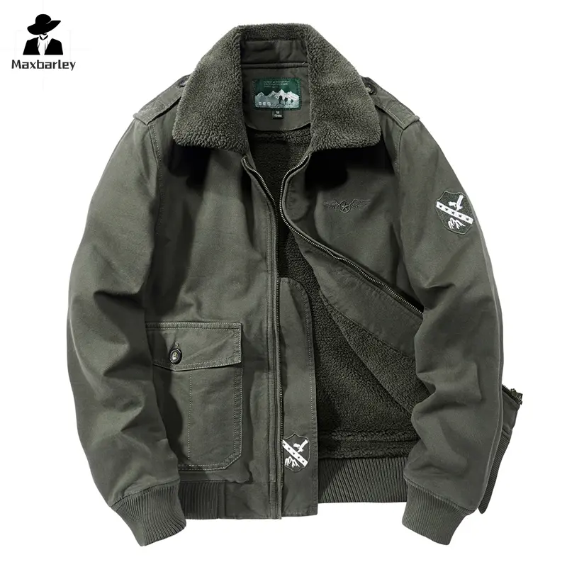 Men's Retro Military Collar Thick Wool-Lined Bomber Jacket - Faux Fur Collar, Windproof Polyester, Zipper, Embroidery, Decoration, Long Sleeve, Regular/Loose Fit, Outdoor Wear Top