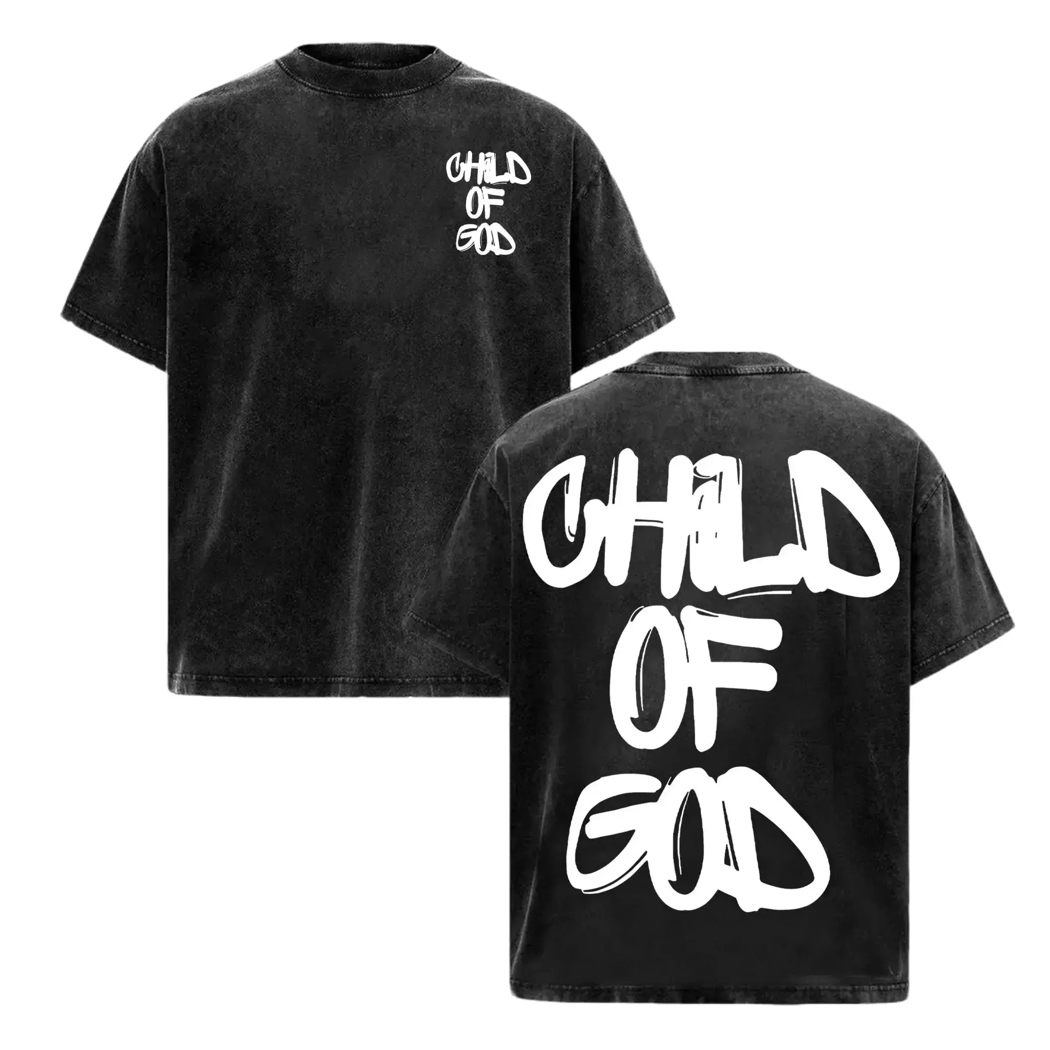 Vintage Washed Child Of God Christian Double Sided Tee Graffiti Bold White Letter Faith Graphic Oversized Black Acid Wash Religious Streetwear Casual Tee Unisex Top Soft Menswear