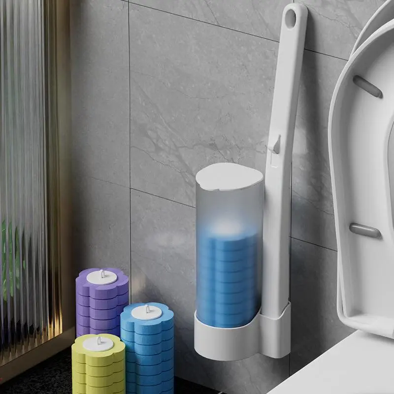 Disposable toilet brush; toilet faucet holder set with 18/36 refills of cleaning solution; bathroom cleaning system suitable for sinks, bathtubs, drains, washbasins, and toilets; wall-mounted toilet brush cleaning kit.