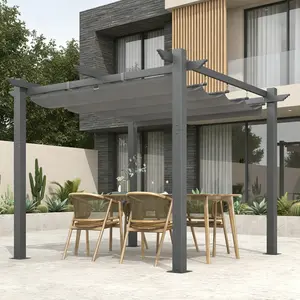 10' x 10' Outdoor Pergola with Retractable Canopy, Heavy-Duty Metal Frame and Adjustable Patio Shade Roof, Gray/Khaki