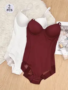 Women's Ruched Slimming Airslim Bust Bodysuit Set, 2pcs Seamless Triangle Pant & Chest Pad, Casual All-Season Wear, Regular Length, Plain Style, Shapewear Outfit