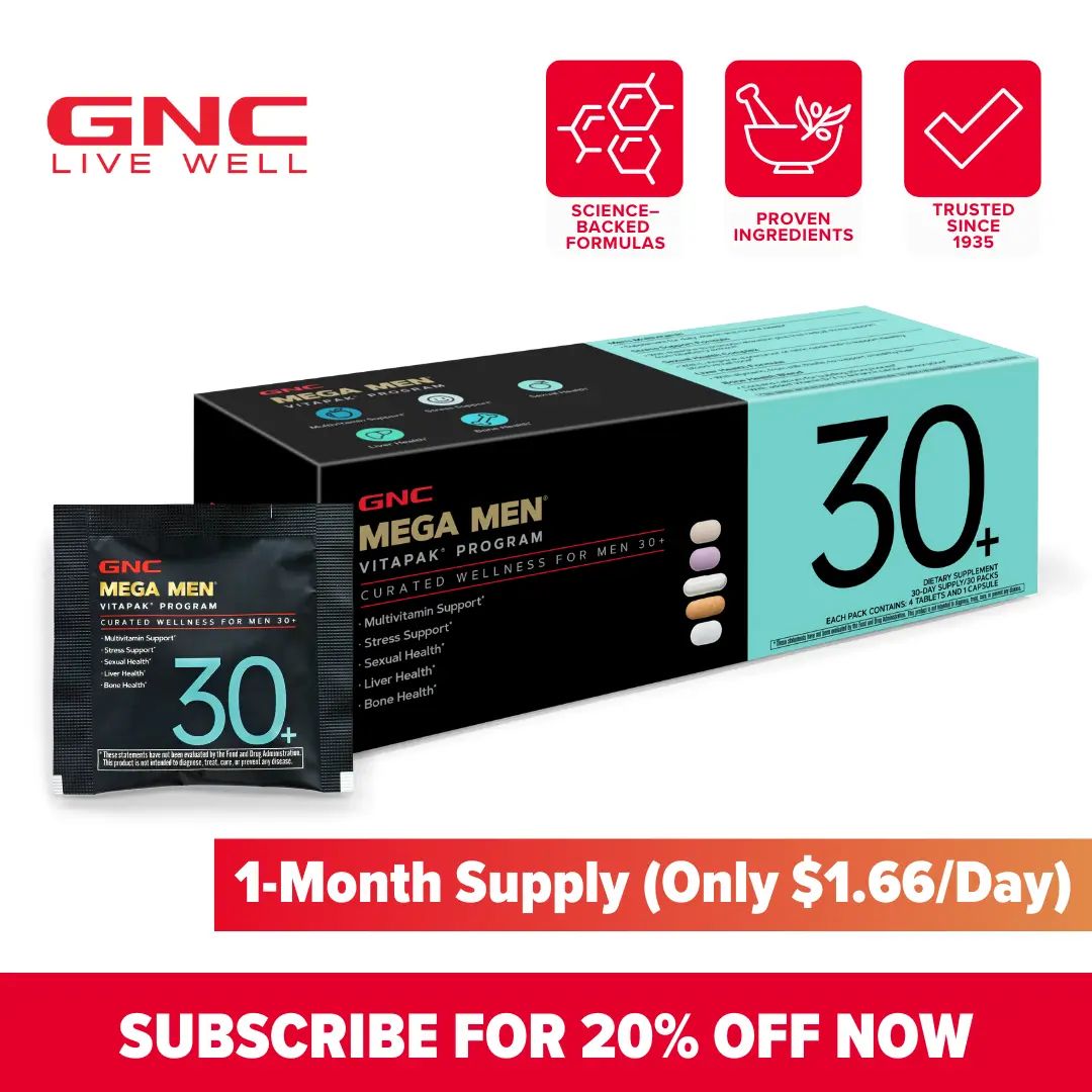 GNC Mega Men's 30+ Vitapak, Multivitamin with Stress & Bone Support, 30 Count