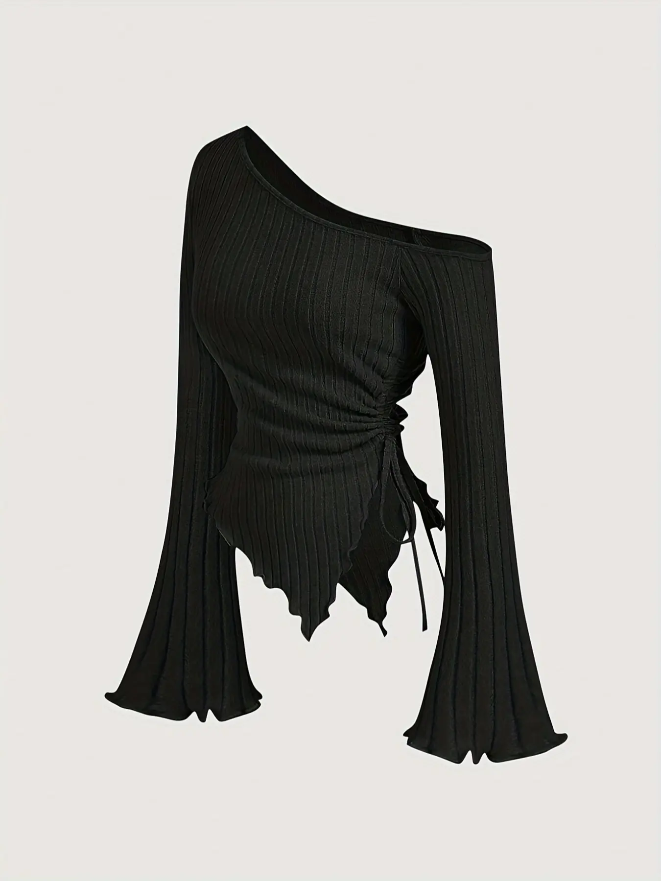 Stylish Solid Color Ribbed Off-Shoulder Top with Flare Sleeves, Fitted Waist Adjustable Drawstring Design for Versatile Ladies Fashion Womenswear