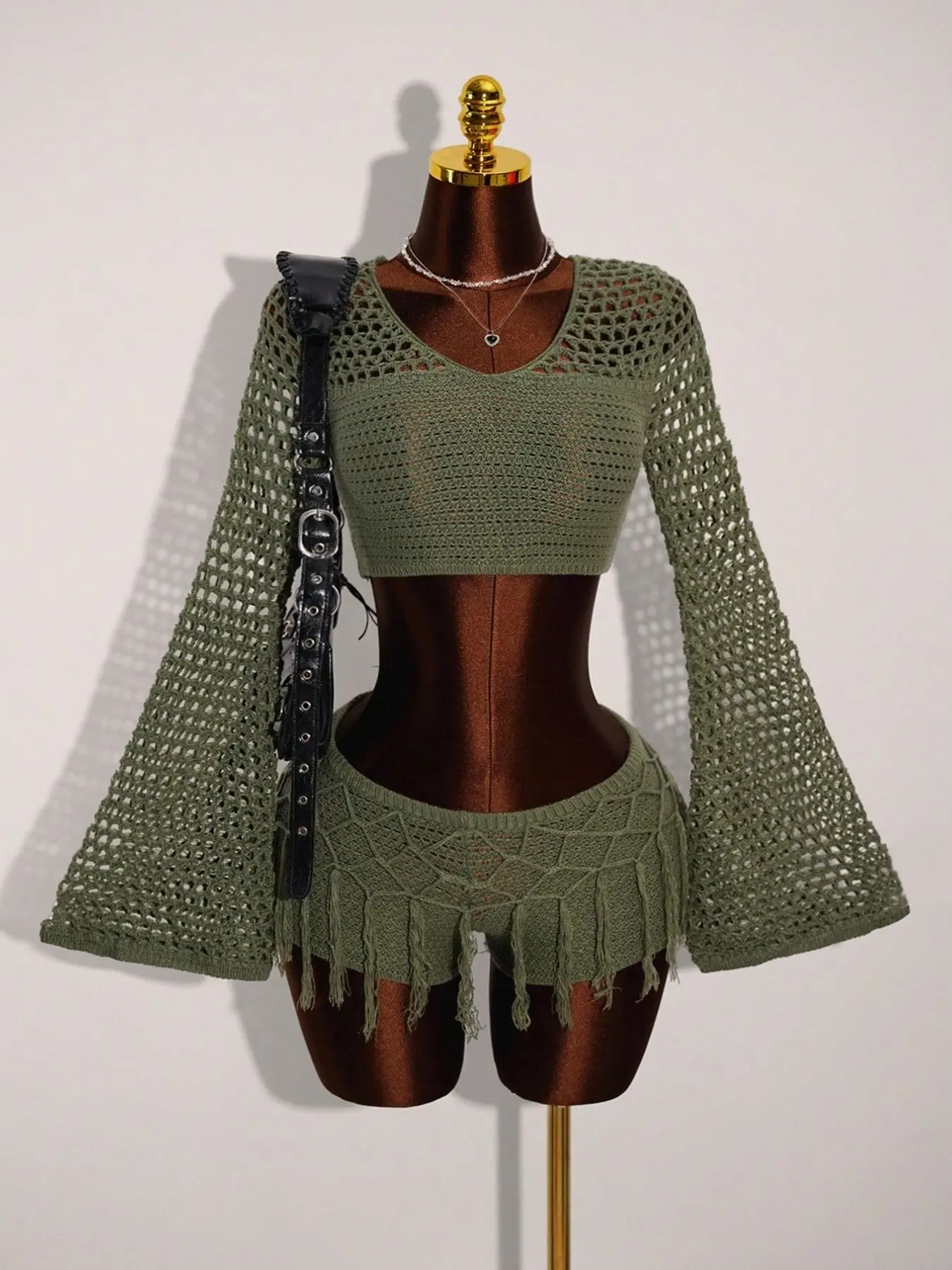 Olive Green Crochet Knit Two-Piece Matching Set for Women, Summer Bell Sleeve Lace-Up Back Crop Top and Fringe Shorts, Boho Beach Festival Outfit and Swim Cover-Up, Bohemian Elegance, Clothes