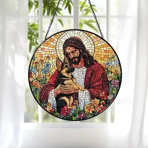 Jesus With German Shepherd Stained Acrylic Suncatcher Christian Gift Decor