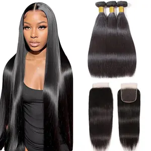 Straight Bundles with Closure Human Hair 22 24 26+20 Brazilian Straight Human Hair Bundles with 4x4 HD Swiss Lace Closure 100% Unprocessed Virgin Weave Hair Extension with Lace Closure