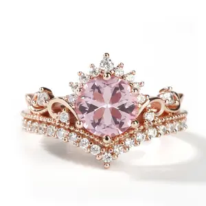 Jeulia Crown Design Round Cut Synthetic Morganite Sterling Silver Ring Sterling Silver Zircon Engagement