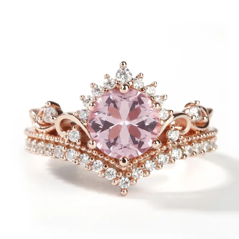 Jeulia Crown Design Round Cut Synthetic Morganite Sterling Silver Ring Sterling Silver Zircon Engagement