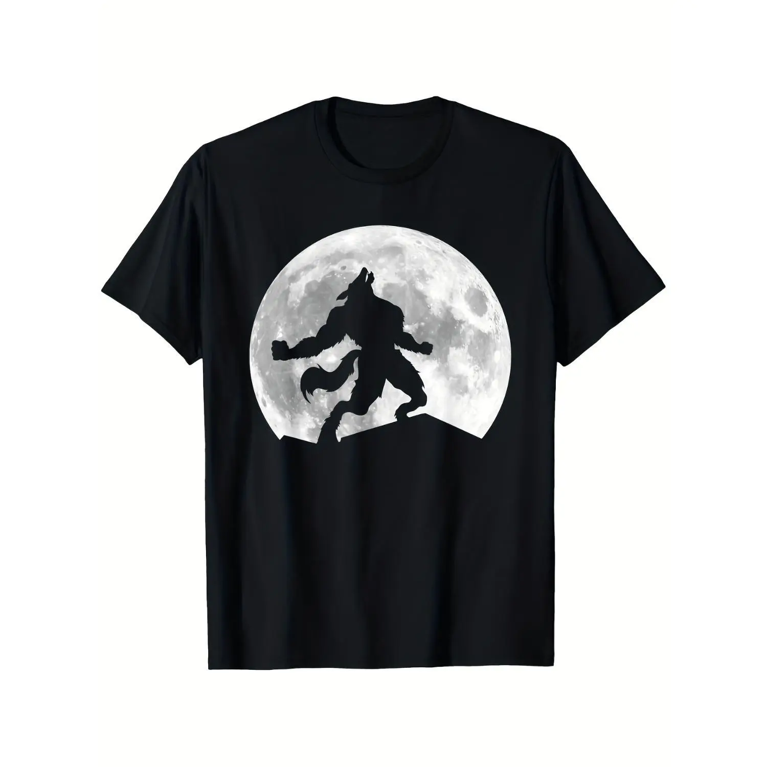 Men Full Moon Werewolf Graphic Cotton T-shirt Black White Print Crew Neck Short Sleeve Relaxed Fit Unisex Tee Machine Washable All Season Comfort Top Sizes S XXXL Ideal Gift for Horror Fans