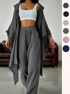 Women's Two-Piece Casual Set, Wide-Leg Pants & Loose-Fit Cardigan, Comfortable Stylish Women's Clothing for Daily Wear, Womenswear