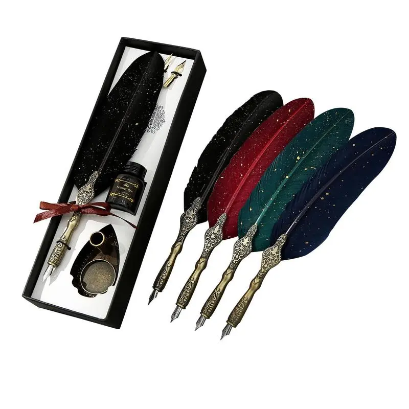 【Valentine's Day gifts】Vintage Feather Pen and Ink Set, Classic Series Goose Quill Pen with Carving Pen Stand, Calligraphy Pen Nibs, Black Dip Pen Ink, Antique Writing Gift for Holidays,Give to dad/mom/friend
