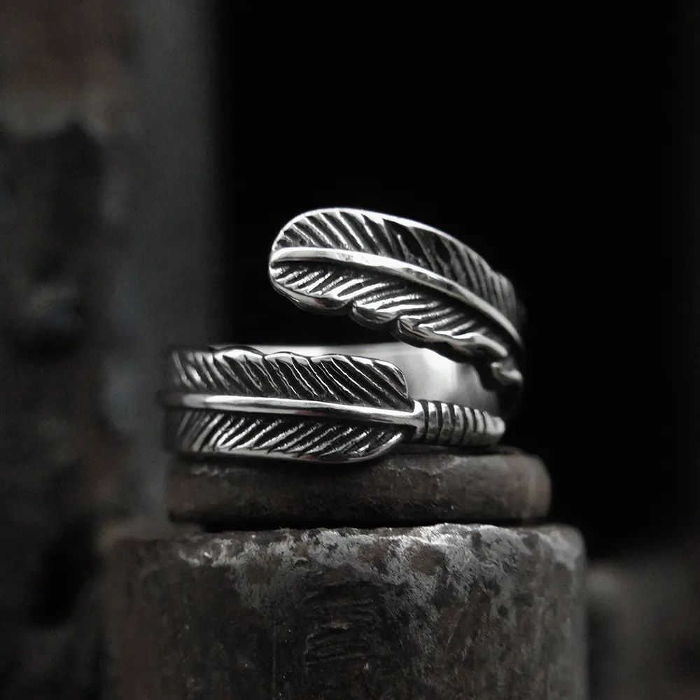 GTHIC Feather Ring for Men and Women Birthday Valentine's Day Gift Jewelry Stainless Steel