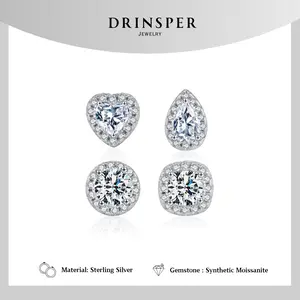 Drinsper S925 Sterling Silver DVVS 0.4ct Synthetic Moissanite Brilliant Stud Earrings for Women Men Heart Round Square Droplet Design Minimalist Versatile Design Fashion Jewelry Accessory Suitable for Daily Wearing