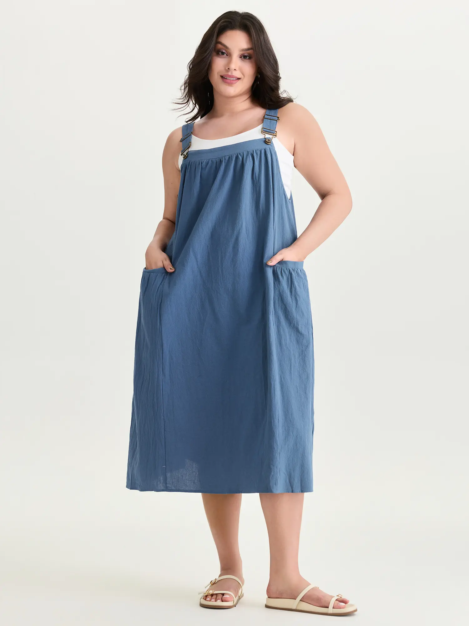 BLOOMCHIC Women's Plus Size Cotton Pleated Pocket Pinafore Overall Midi Dress - Sleeveless, Smooth, Simple, Comfy, Breathable, Flowy Relaxed Fit, Casual Everyday Wear, Rust, Boho Style, Curvy Clothing, Summer Vacation Outfit, M-6X