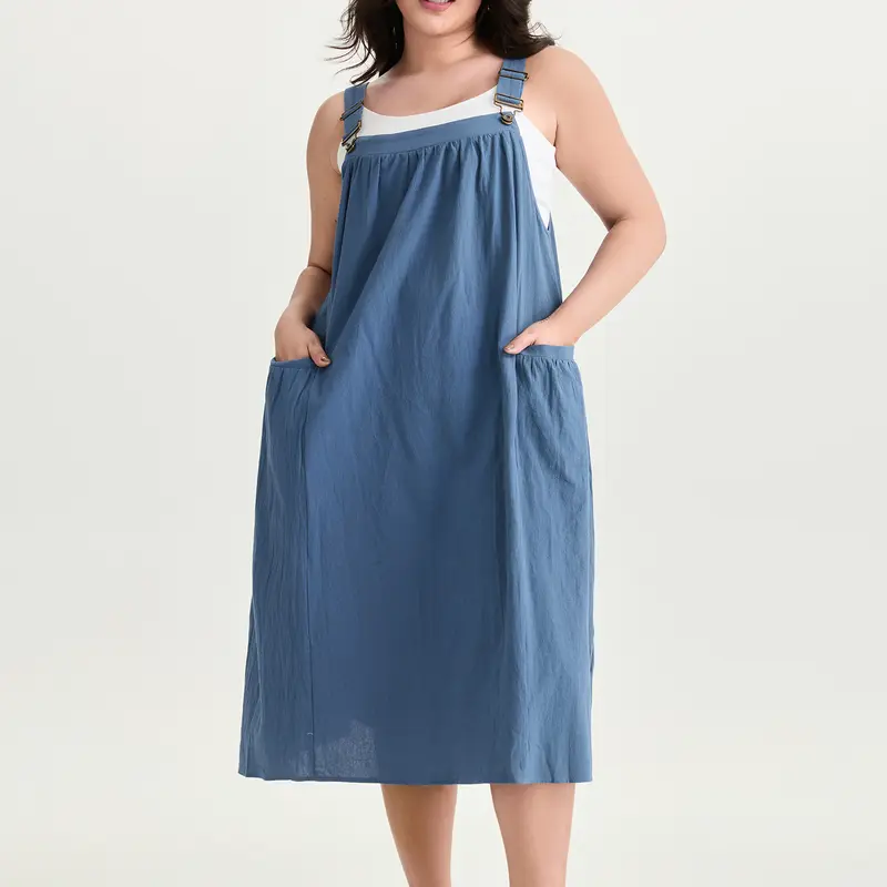 BLOOMCHIC Women's Plus Size Pure Cotton Sleeveless Square Neck Pleated Pocket Pinafore Midi Dress - Smooth, Minimalist, Breathable, Flowy Relaxed Fit, Boho Casual Rust Dress, Curvy Clothing, Summer Vacation Wear, M-6X, SohoChic