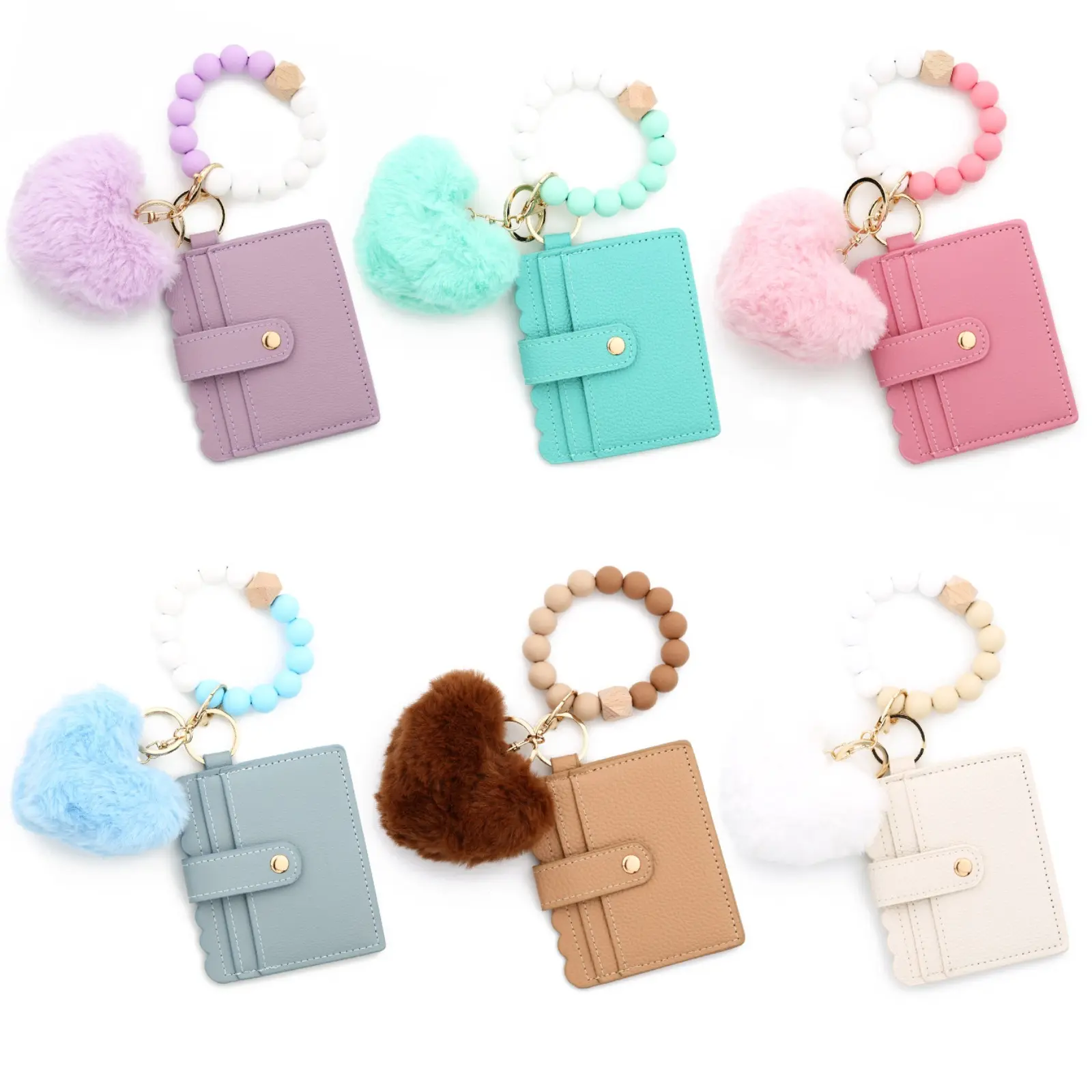 Trendy Cute Fuzzy Keychain - DIY-Friendly Cartoon Print Plush Accessory, Beaded Silicone Wristlet Strap, Beaded Charms Keychains for Card Bags, Wallets, Luggage, Cute Keychains, Keychain Wristlet Wallet