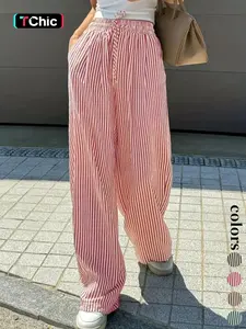 Women's Wide Leg Woven Pants with Elastic Drawstring Waist, Casual Fit Striped Straight-Leg Long Pants, Spring & Fall Fashion