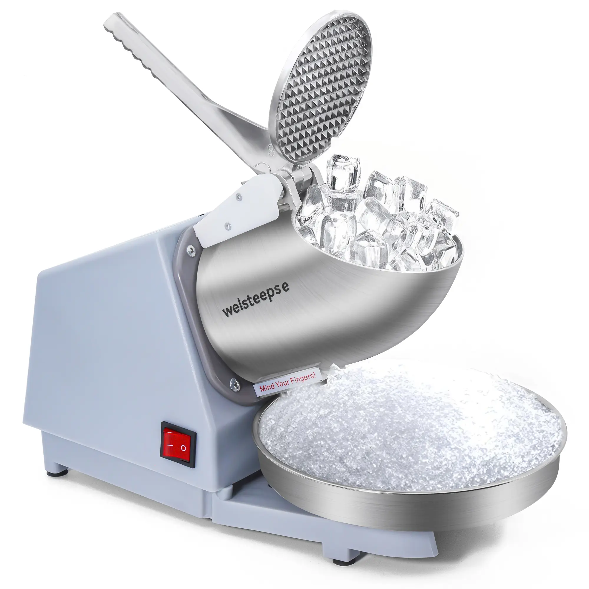 WELSTEEPSE Commercial-Grade Electric Shaved Ice Machine & Crusher, Stainless Steel 143lbs/hr Maker with Ice Pick, Silver Kitchen Cover for Home & Commercial Use, Ice Crushers